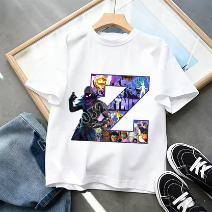 Fortnite A-Z Alphabet Print T-Shirt für Kinder, Sommer, weiß, beliebtes Cartoon-Game-Shirt, modisches Casual-Kurzarmtop, Geschenk