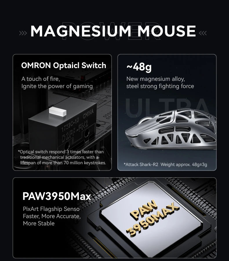 Attack Shark R2 bežični gaming miš PAW3950 8K od magnezijeve legure, lagani gaming miš s Bluetooth tri-mode povezivanjem za gaming/ured