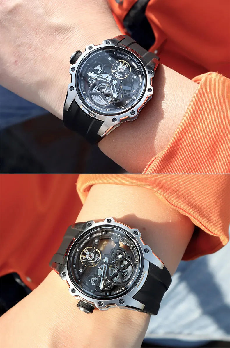 MEGIR Skeleton Dial Automatic Mechanical Watch Men Stainless Steel Case Waterproof Luminous Sport Wristwatch with Silicone Strap
