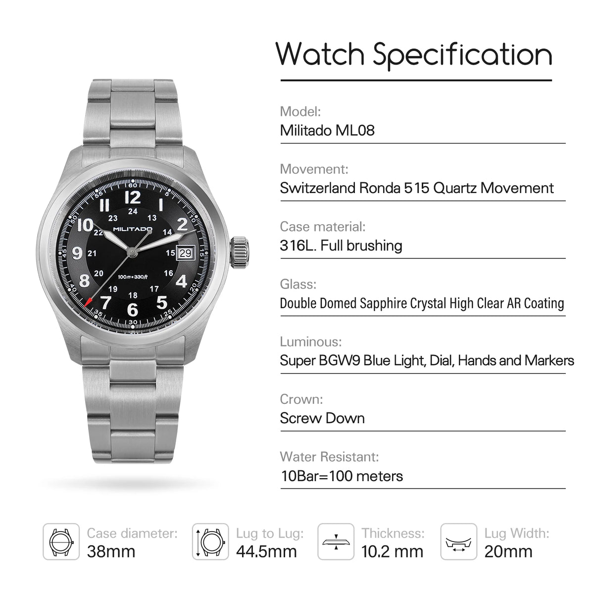 Militado ML08 Quartz Watch Ronda 515 Movement Domed Sapphire Wristwatch BGW9 Luminous 10Bar Waterproof 38mm Men Watches