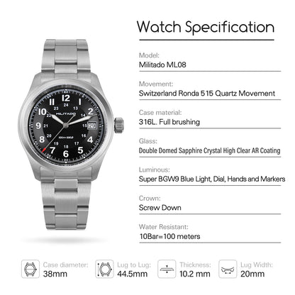 Militado ML08 Quartz Watch Ronda 515 Movement Domed Sapphire Wristwatch BGW9 Luminous 10Bar Waterproof 38mm Men Watches