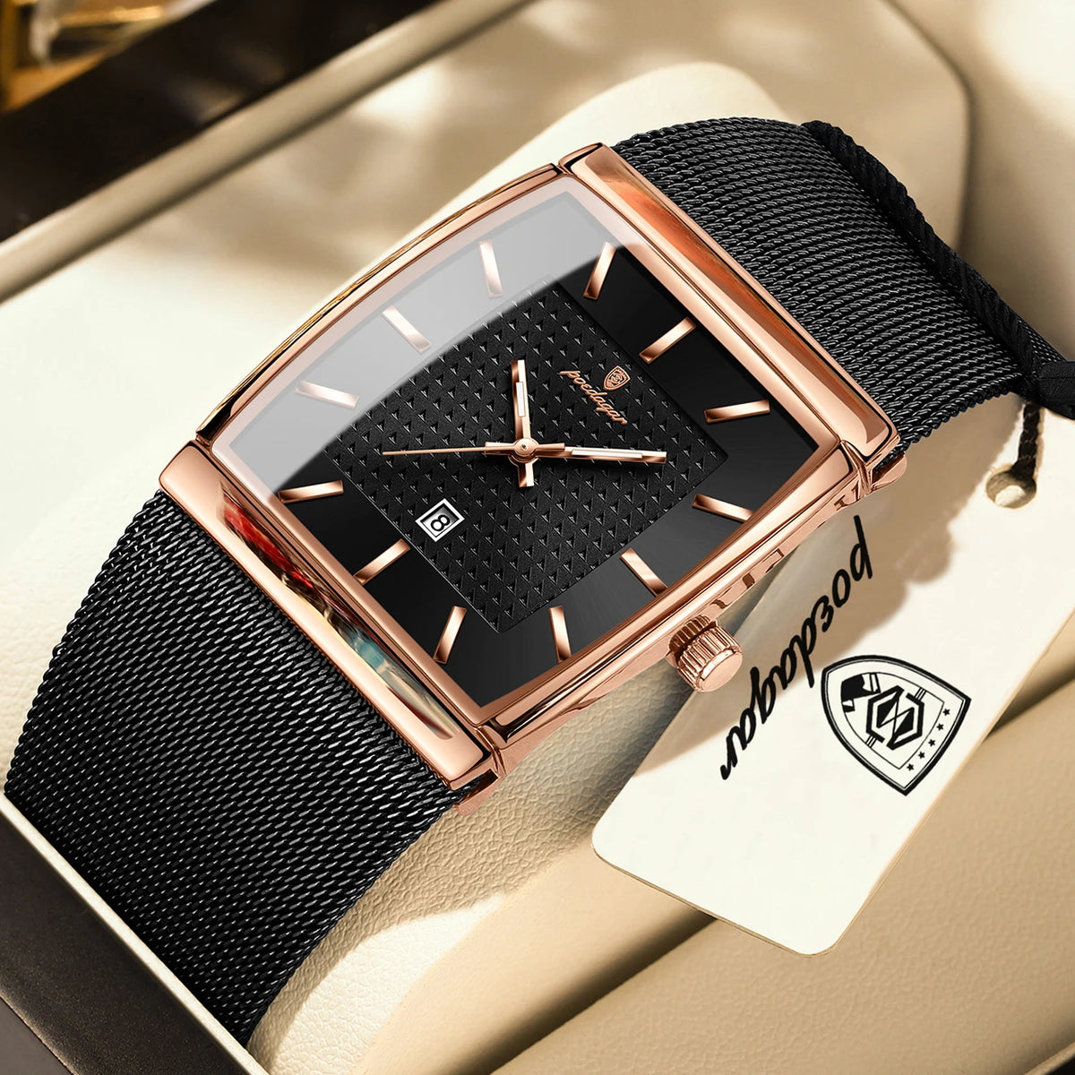 POEDAGAR men’s watch, luxury model, stainless steel mesh strap, date display, water-resistant, luminescent hands, casual style, rectangular case, quartz movement.