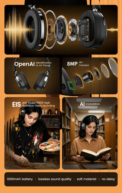 Casque audio supra-auriculaire intelligent avec caméra HD 8MP, reconnaissance d'objets par IA, traduction par IA, casque Bluetooth pour les voyages et les études