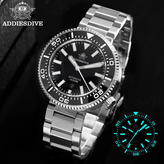 Relógio de mergulho de luxo para homem ADDIESDIVE, estanque até 1000 m, com vidro de safira e mostrador luminescente – Relógio mecânico automático