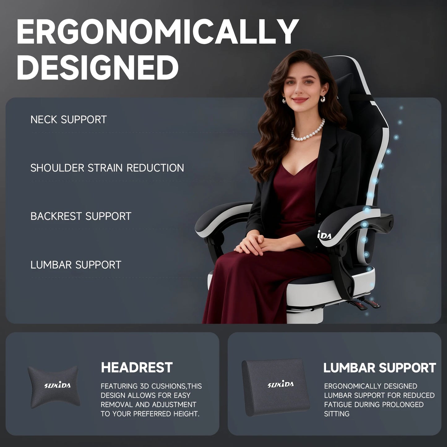 SUKIDA Gaming Chair Gamer Chair Ergonomic Office Chair Footrest Adjustable Lumbar & Pillows Gaming Chair