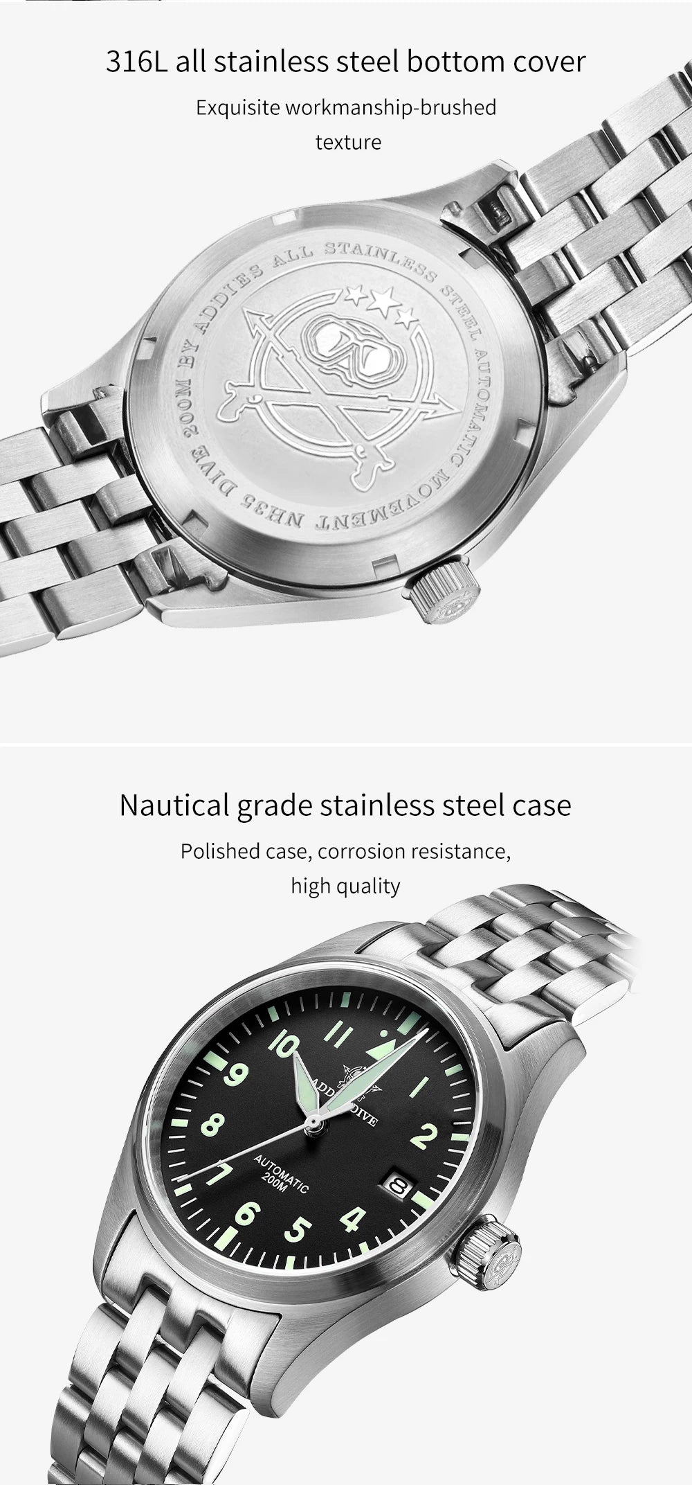 ADDIESDIVE Watch For Men MY-H2 Stainless Steel Classics Mechanical Watches NH35 200m Diving Luminous Analog Watch Reloj Hombre