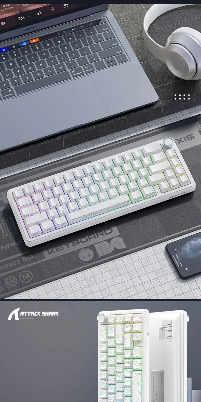 Tastiera gaming wireless Attack Shark X65 PRO HE con switch magnetici, 8K RT 0.001mm, incisione laterale, Bluetooth, per Windows, Mac e PC