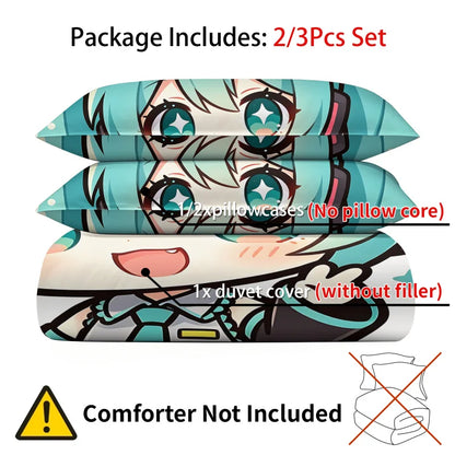 Σετ κάλυμμα παπλώματος Hatsune Miku σε στυλ Chibi – Χαριτωμένα κλινοσκεπάσματα anime με μαξιλαροθήκες – Διακόσμηση υπνοδωματίου για εφήβους και παιδιά – Δώρο για τους θαυμαστές