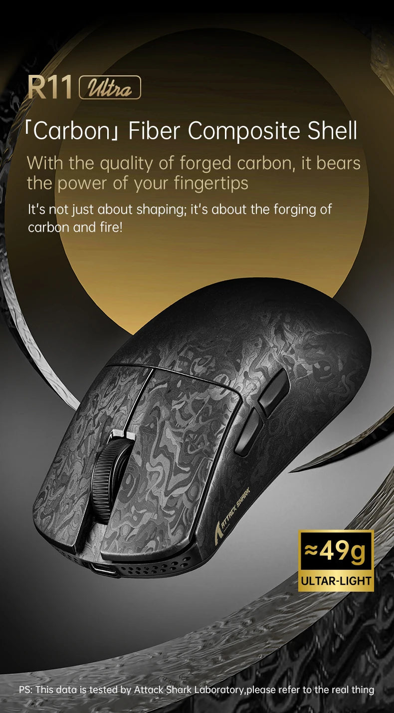 Attack Shark R11 Ultra 8K Carbon Fiber Gaming Mouse, PAW3950MAX, 49g Ultra-Lightweight, Wireless 8000Hz Polling, Tri-Mode