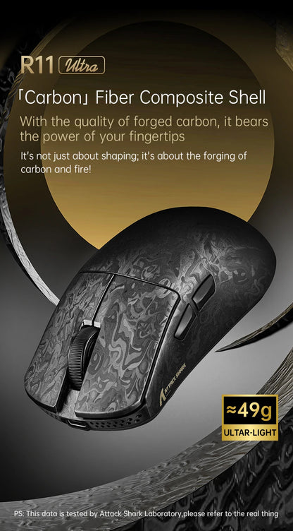 Attack Shark R11 Ultra 8K Carbon Fiber Gaming Mouse, PAW3950MAX, 49g Ultra-Lightweight, Wireless 8000Hz Polling, Tri-Mode