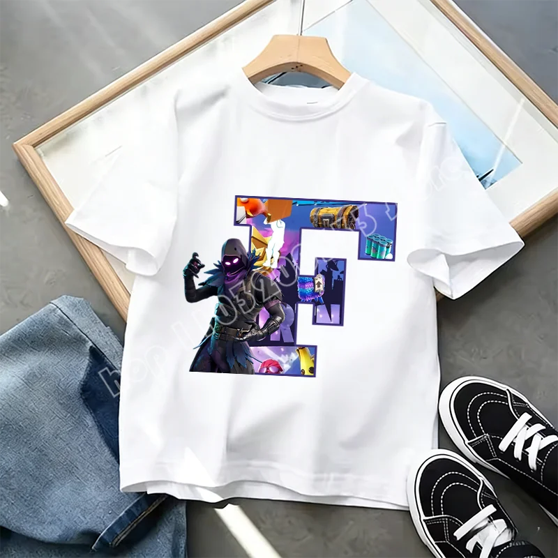 Fortnite A-Z Alphabet Print T-Shirt für Kinder, Sommer, weiß, beliebtes Cartoon-Game-Shirt, modisches Casual-Kurzarmtop, Geschenk