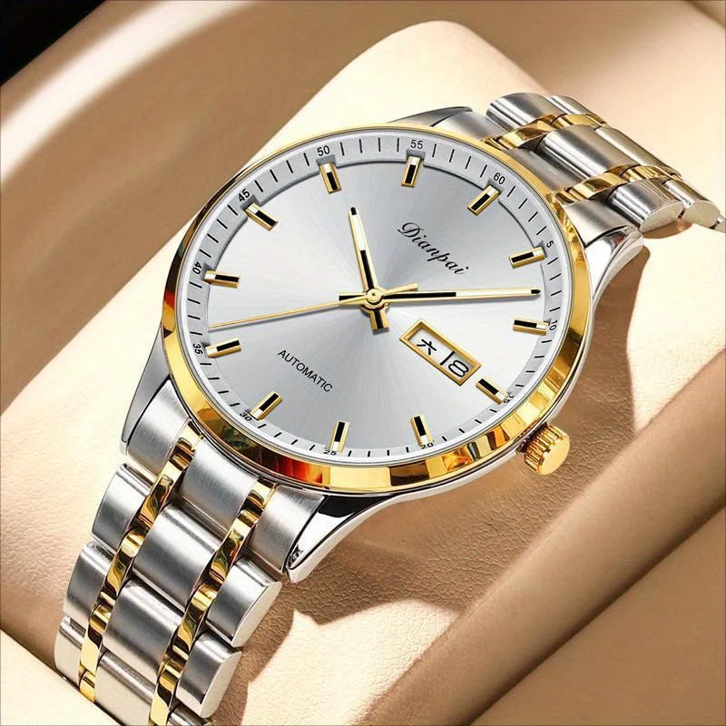 Orologio meccanico automatico da uomo Dianpai – Modello di lusso, quadrante luminescente, design classico ed essenziale, in acciaio inossidabile, impermeabile, con calendario e indicazione del giorno della settimana