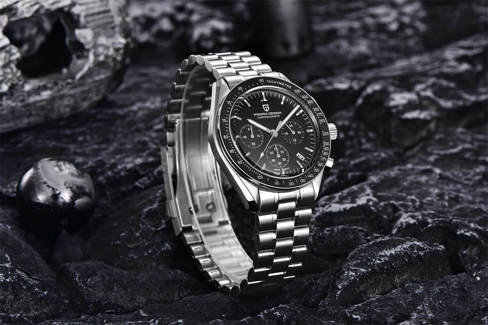 Montre pour homme PAGANI DESIGN « New Moon » – Montre à quartz de luxe, chronographe, verre saphir avec traitement antireflet, lunette en céramique, aiguilles luminescentes