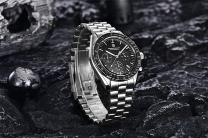 Montre pour homme PAGANI DESIGN « New Moon » – Montre à quartz de luxe, chronographe, verre saphir avec traitement antireflet, lunette en céramique, aiguilles luminescentes