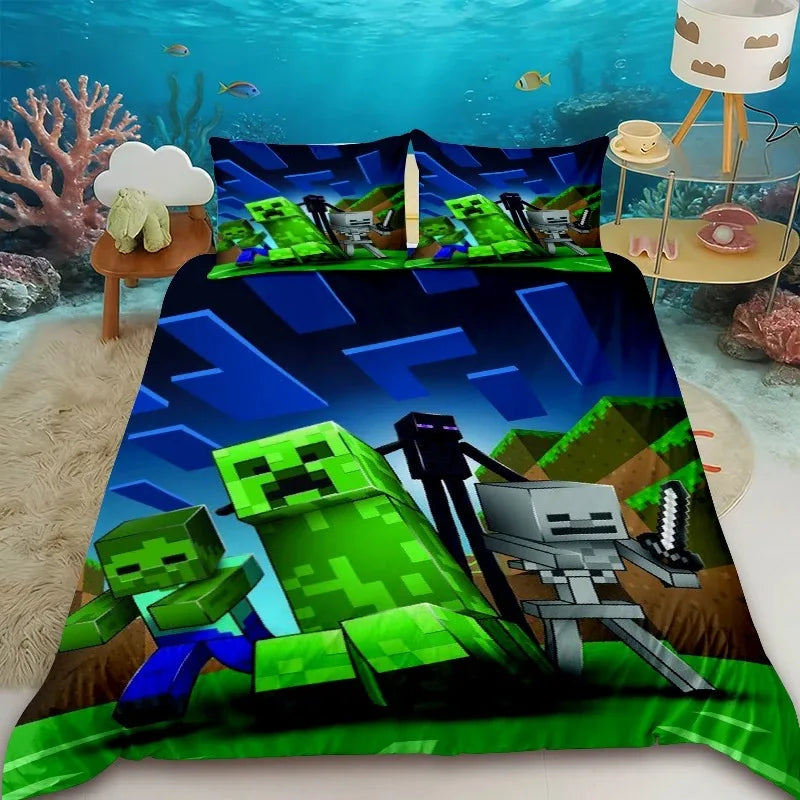 Pościel dla dzieci z motywem kreskówkowym Minecraft – zestaw pościelowy z poszewką na kołdrę w rozmiarze Queen, King i Full z 1/2 poszewką na poduszkę do sypialni