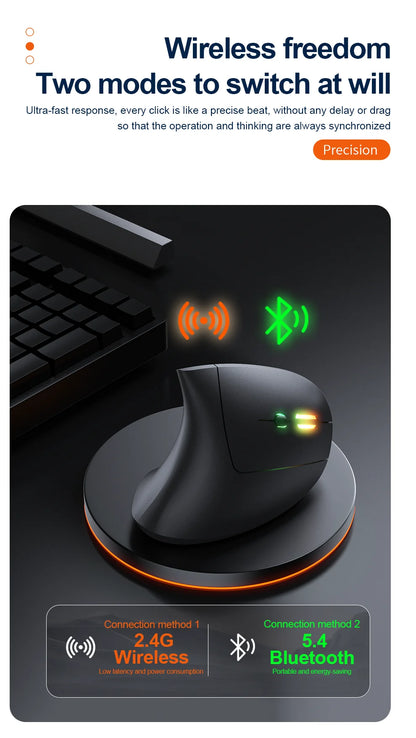 Rato Vertical Sem Fios Bluetooth 2.4G Recarregável Ergonómico 1600DPI Ajustável Gaming 6 Botões para Portátil PC Computador