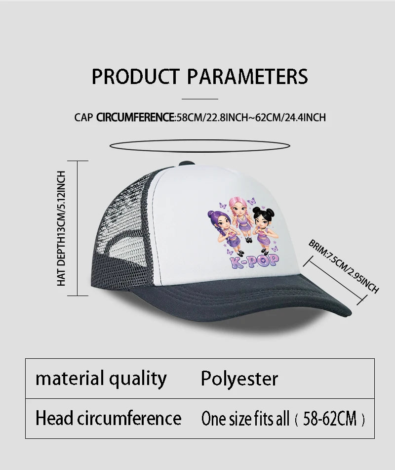 K-POP Cute Cartoon Girl Group Print Sponge Mesh Cap | Unisex Adjustable Mesh Baseball Cap | Y2K K-Pop Fan Street Style Sun Hat