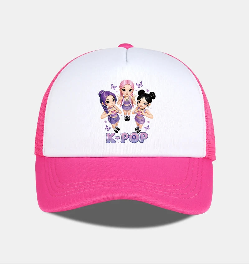 K-POP Cute Cartoon Girl Group Print Sponge Mesh Cap | Unisex Adjustable Mesh Baseball Cap | Y2K K-Pop Fan Street Style Sun Hat