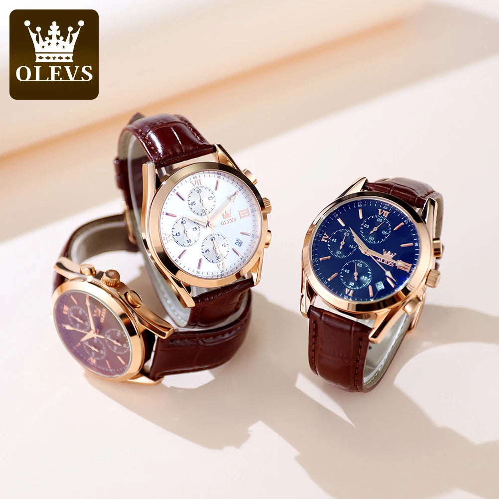 Orologio da polso cronografo da uomo OLEVS 2872 – Cinturino in pelle, impermeabile, lancette luminescenti, movimento al quarzo, stile sportivo di lusso