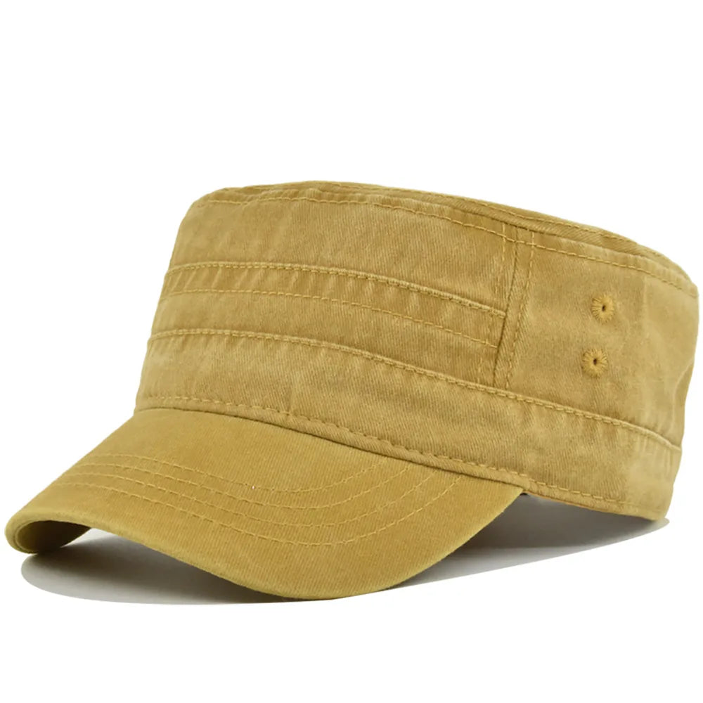 Casual Washed Cotton Flat Top Hat Adjustable Fisher Caps Men Women Cadet Military Cap Unique Design Vintage Cap Four Season ﻿
