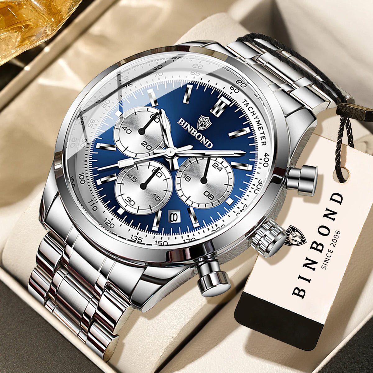 Reloj de cuarzo BINBOND para hombre, elegante, resistente y preciso, con fecha automática, cronógrafo, luminiscente y hermético. Estilo informal.