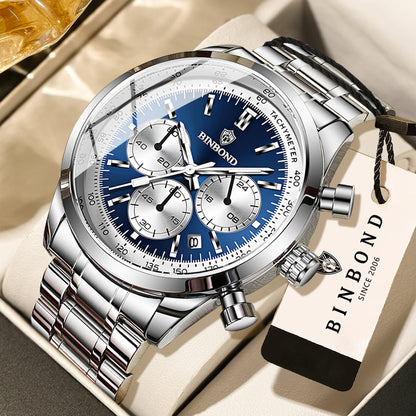 Reloj de cuarzo BINBOND para hombre, elegante, resistente y preciso, con fecha automática, cronógrafo, luminiscente y hermético. Estilo informal.