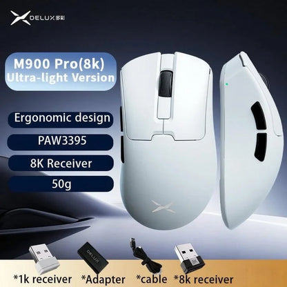 Delux M900PRO Ultra-Light Wireless Gaming Mouse, PAW3395 26K DPI, 1K/8K Polling Rate, Ergonomic Gaming Mouse for Large Hands, 50g PC Gaming Mouse