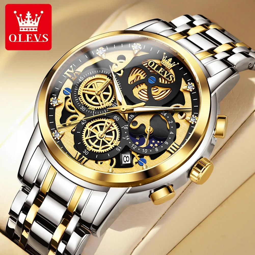 Montre pour homme OLEVS – Modèle de luxe, étanche, à quartz, style squelette, affichage 24 heures (jour/nuit), coloris doré