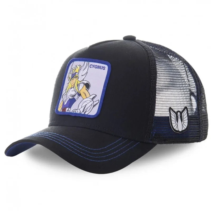 Saint Seiya Βαμβακερό καπέλο μπέιζμπολ τύπου snapback με μοτίβα anime και καρτούν για άνδρες και γυναίκες, στυλ hip hop και καπέλο trucker με πλέγμα για μπαμπάδες, Dropshipping
