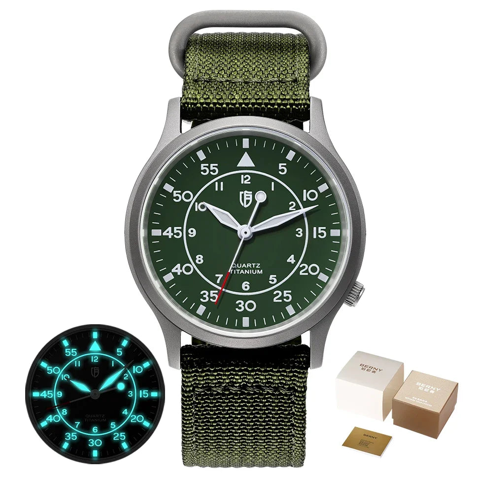 BERNY Titanium herenhorloge met kwartsmechanisme, AR-coating, saffierglas, modieus polshorloge, lichtgevend, VH31, ultradun polshorloge, waterdicht tot 5 ATM
