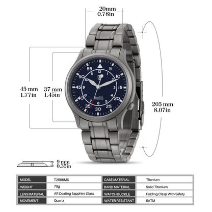 BERNY Titanium herenhorloge met kwartsmechanisme, AR-coating, saffierglas, modieus polshorloge, lichtgevend, VH31, ultradun polshorloge, waterdicht tot 5 ATM