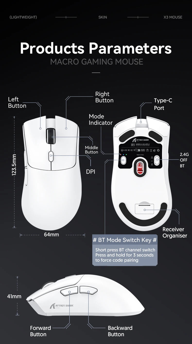 Attack Shark R1 Wireless Mouse Bluetooth Gaming Mouse, Viral Mouse Reviewed by Influencers PAW3311 Sensor, 1000Hz Return-rate