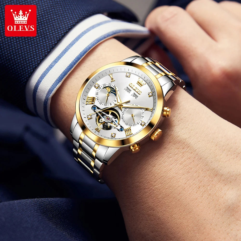 OLEVS Men's Watches - Moon Phase Hollow Flywheel Exclusive Original Automatic Mechanical Watches For Men Luxury Man Watch New 7029