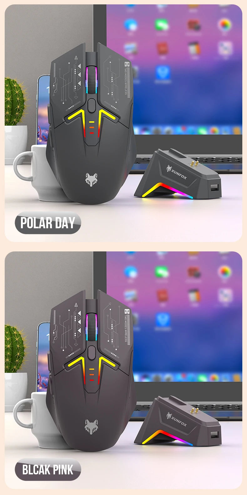 XUNSVFOX H2 Wireless Bluetooth Dual-Mode Mouse with RGB Lighting Effect for Laptop Gaming and Office, Magnetic Charging