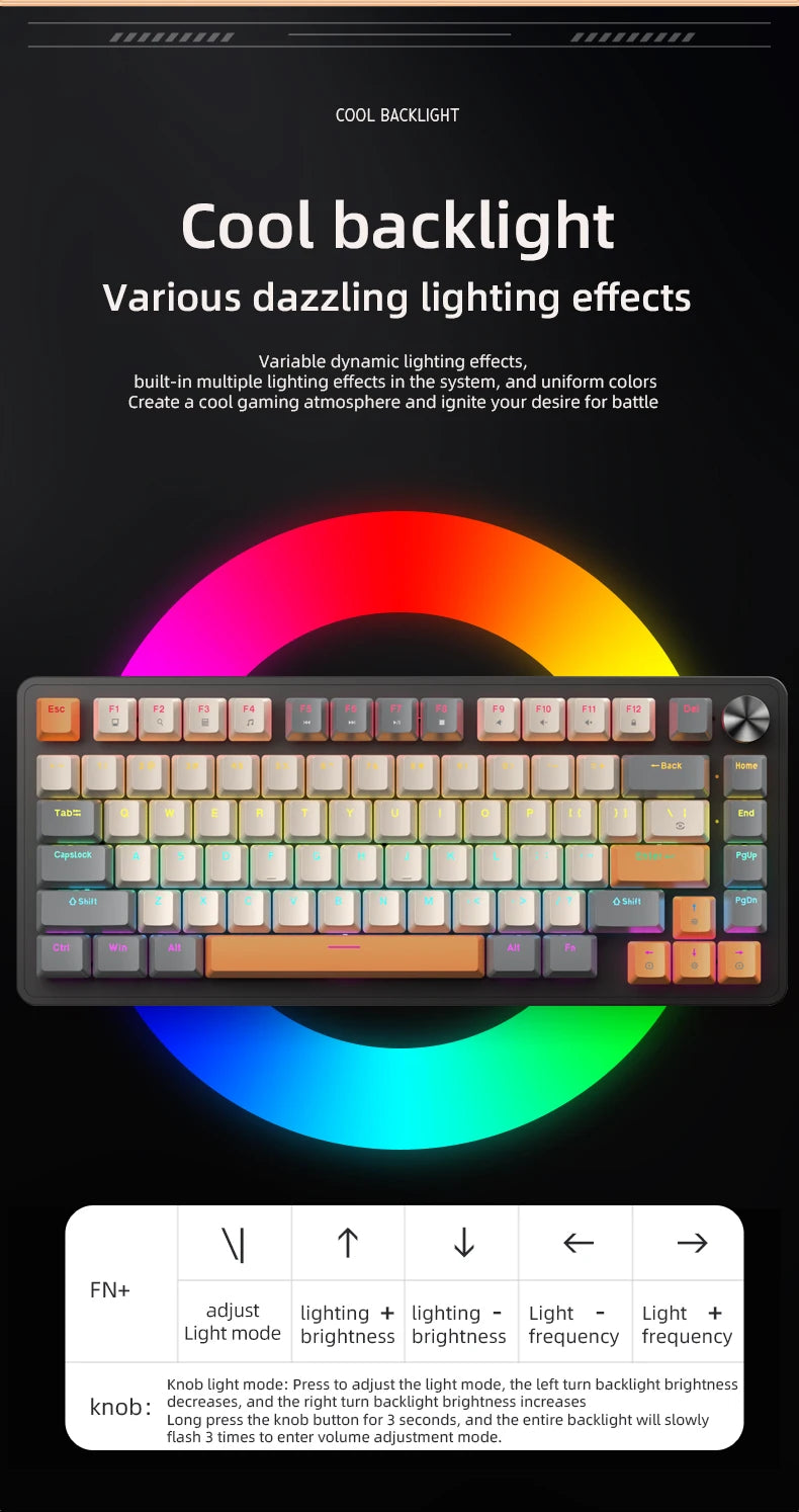 APAYADO 75% Gaming Keyboard Wired with Metal Knob, Hot-Swap K82 Black Mechanical Keyboard,ABS Transparent Character RGB