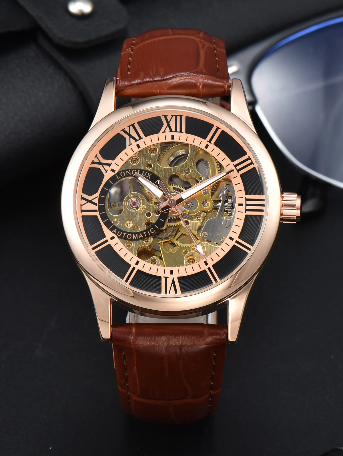Men’s automatic watch, luxury style, Roman numeral dial, open-worked (skeletonised) movement, water-resistant, luminescent hands, leather strap – An ideal choice as a gift.