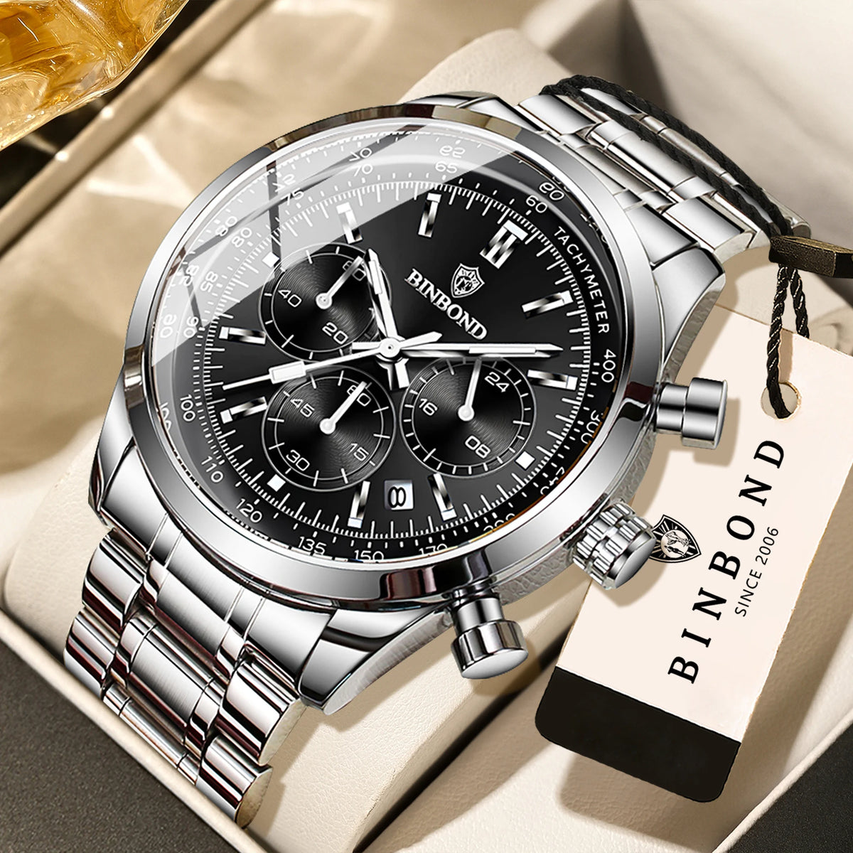 Reloj de cuarzo BINBOND para hombre, elegante, resistente y preciso, con fecha automática, cronógrafo, luminiscente y hermético. Estilo informal.