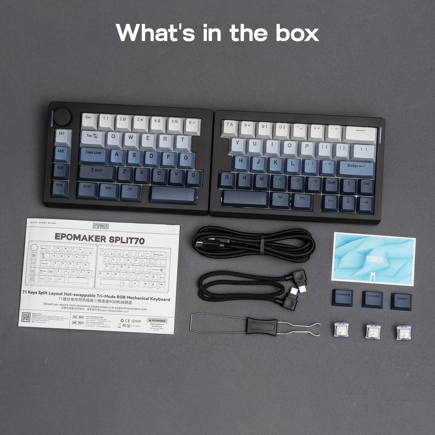 Tastiera meccanica EPOMAKER Split70 QMK/VIA 70% con layout split, connessione cablata/BT/2.4Ghz wireless, manopola programmabile e modificatori Mac