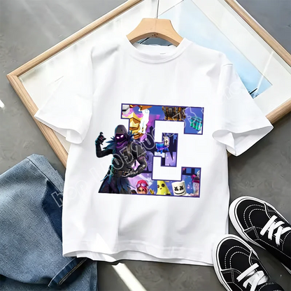 Fortnite A-Z Alphabet Print T-Shirt für Kinder, Sommer, weiß, beliebtes Cartoon-Game-Shirt, modisches Casual-Kurzarmtop, Geschenk
