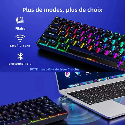 61-Key RGB Backlit Tri-Mode Bluetooth Mechanical Keyboard Dust-Proof Hot-Swappable Wireless Gaming & Office Keyboard for Esports