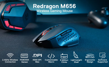 Redragon M656 Gainer Wireless Gaming Mouse, 4000 DPI 2.4GHz Wireless Gamer Mouse with 5 DPI Levels, 7 Macro Buttons, Red LED Backlight