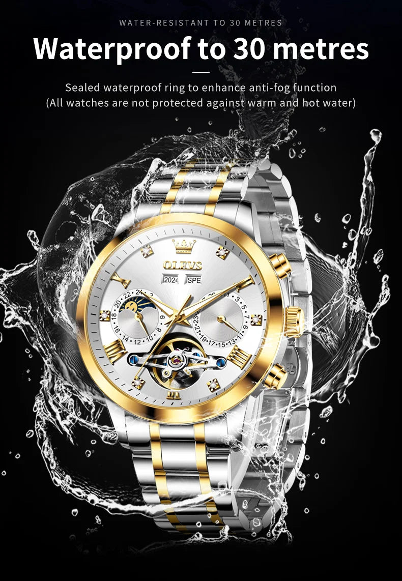 OLEVS Men's Watches - Moon Phase Hollow Flywheel Exclusive Original Automatic Mechanical Watches For Men Luxury Man Watch New 7029