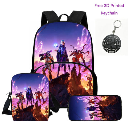 FORTNITE 3Pcs Lightweight Backpack With Front Pocket,Crossbody Bag&Pencil Case For Age 5-10 Boys Girls,Free 3D Printed Keychain