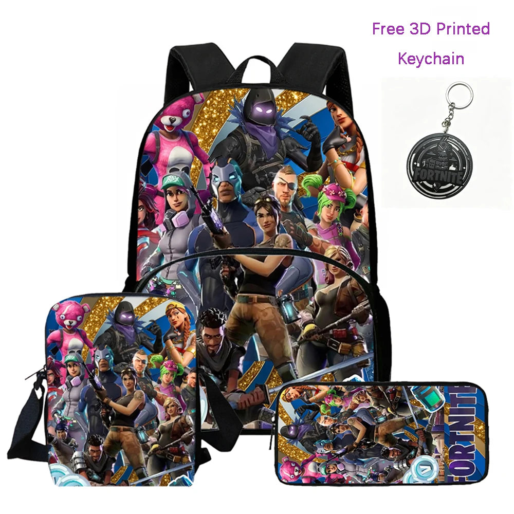 FORTNITE 3Pcs Lightweight Backpack With Front Pocket,Crossbody Bag&Pencil Case For Age 5-10 Boys Girls,Free 3D Printed Keychain