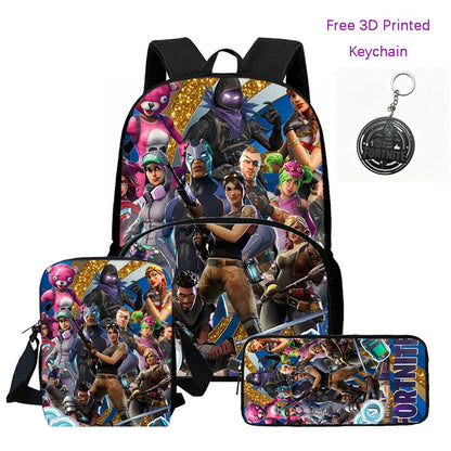FORTNITE 3Pcs Lightweight Backpack With Front Pocket,Crossbody Bag&Pencil Case For Age 5-10 Boys Girls,Free 3D Printed Keychain