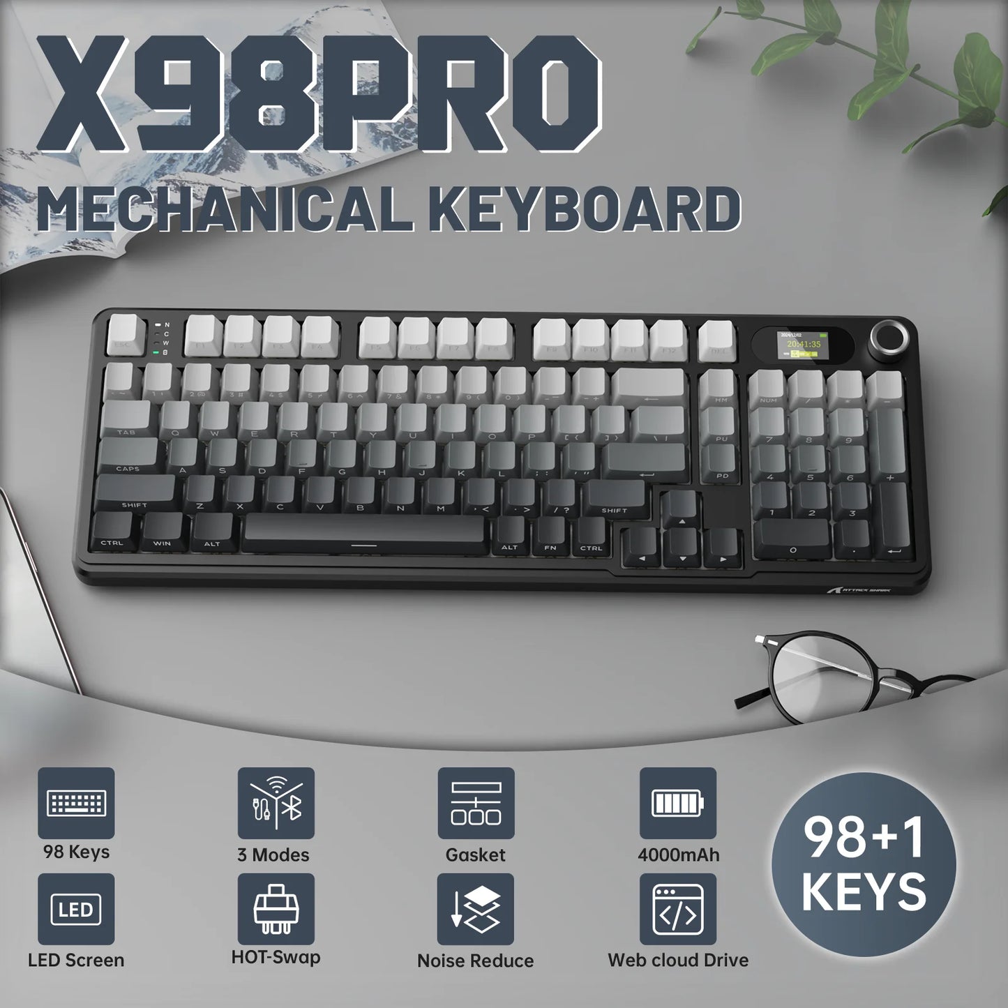 ATTACK SHARK X98PRO Tri-mode Gasket Mechanical Keyboard with TFT Screen & Knob, 99 Keys Layout, 5-Layer Foams, Hot-Swap, RGB