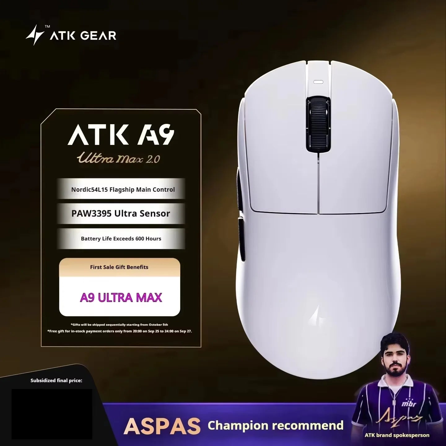 Rato Gaming Sem Fios ATK A9 com Tecnologia NearLink, Ergonómico PAW3395, Tri-Mode Bluetooth de Baixa Latência para Esports e PC