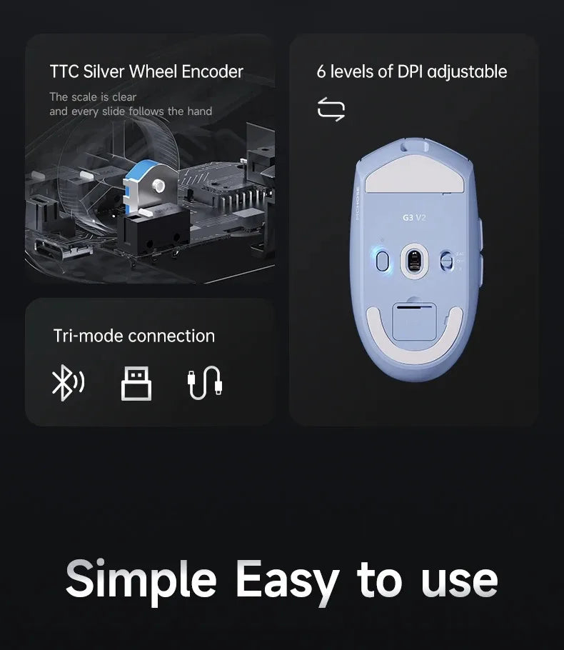 Безжична е-спорт мишка MCHOSE G3 V2 Pro, лека, с три режима, Bluetooth, PAW3395, висока производителност, 800mAh, за игри и офис, 59g