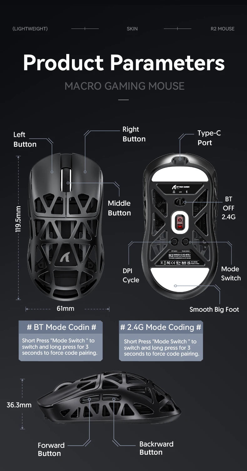 Attack Shark R2 bežični gaming miš PAW3950 8K od magnezijeve legure, lagani gaming miš s Bluetooth tri-mode povezivanjem za gaming/ured