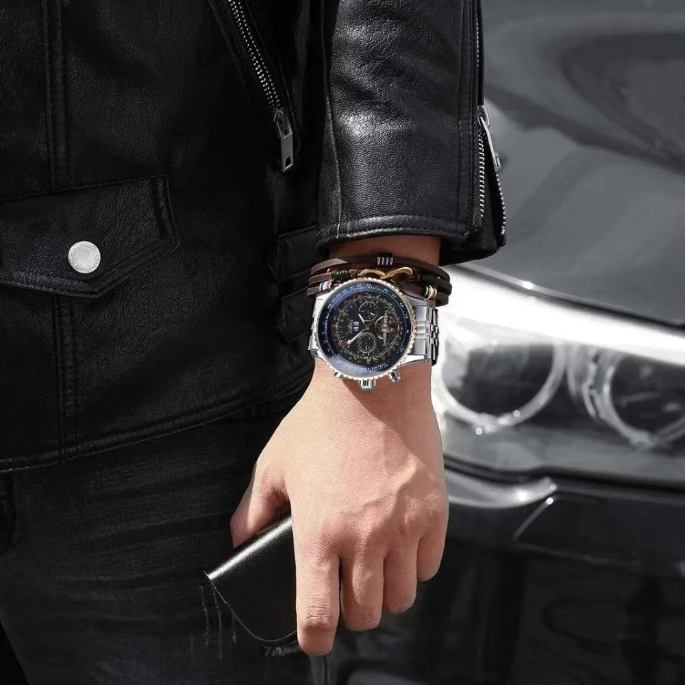 JARAGAR 034 luxe retro automatisch mechanisch horloge, tourbillon, hol skelet, roestvrij staal, weekkalender, herenhorloge